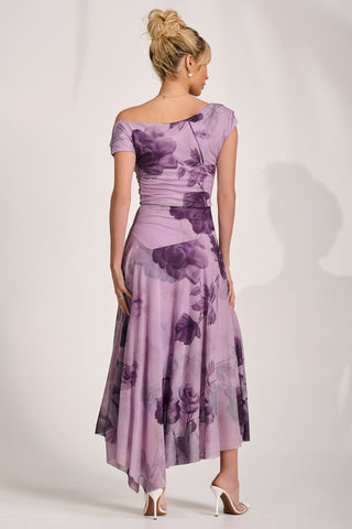 Asymmetrical Draped Mesh Maxi Dress, Purple Floral
