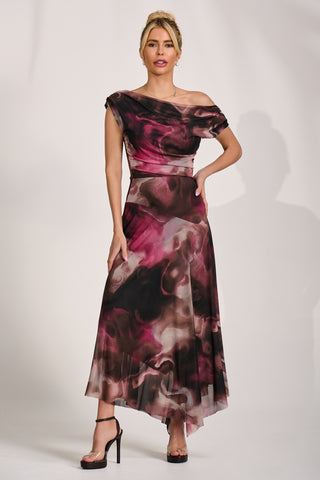 Asymmetrical Draped Mesh Maxi Dress, Pink Abstract