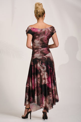 Asymmetrical Draped Mesh Maxi Dress, Pink Abstract
