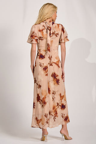 High Neck Angel Sleeve Chiffon Maxi Dress, Brown Floral