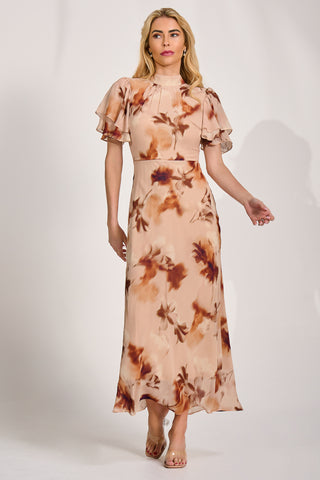 High Neck Angel Sleeve Chiffon Maxi Dress, Brown Floral