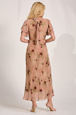High Neck Angel Sleeve Chiffon Maxi Dress, Coral Floral