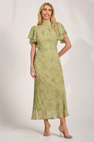 High Neck Angel Sleeve Chiffon Maxi Dress, Green Abstract