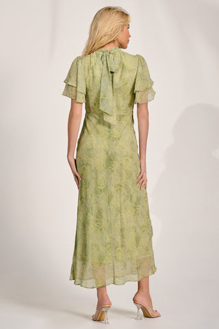 High Neck Angel Sleeve Chiffon Maxi Dress, Green Abstract