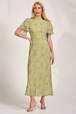 High Neck Angel Sleeve Chiffon Maxi Dress, Green Abstract