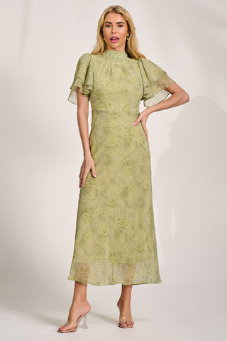 High Neck Angel Sleeve Chiffon Maxi Dress, Green Abstract