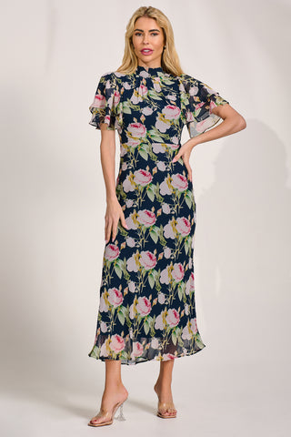 High Neck Angel Sleeve Chiffon Maxi Dress, Navy Floral