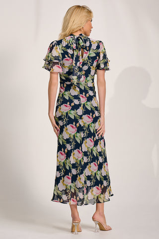 High Neck Angel Sleeve Chiffon Maxi Dress, Navy Floral