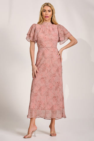 High Neck Angel Sleeve Chiffon Maxi Dress, Pink Abstract