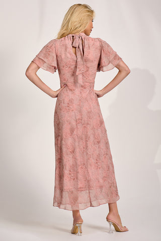 High Neck Angel Sleeve Chiffon Maxi Dress, Pink Abstract