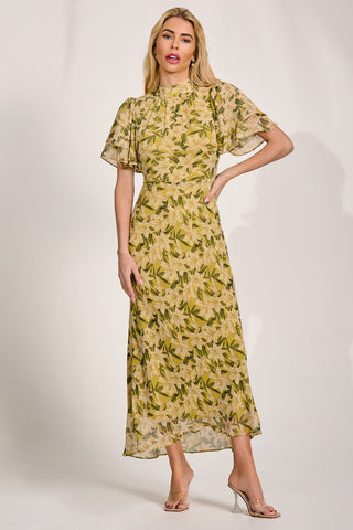 High Neck Angel Sleeve Chiffon Maxi Dress, Yellow Floral