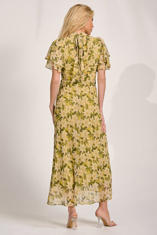 High Neck Angel Sleeve Chiffon Maxi Dress, Yellow Floral