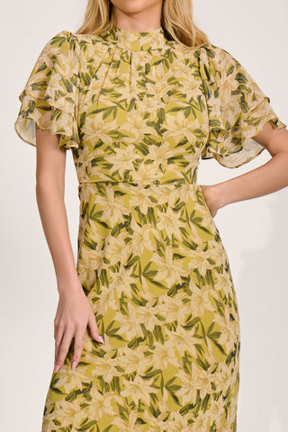 High Neck Angel Sleeve Chiffon Maxi Dress, Yellow Floral