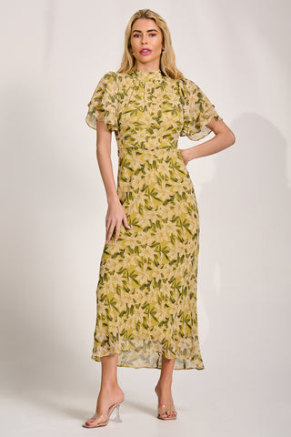 High Neck Angel Sleeve Chiffon Maxi Dress, Yellow Floral
