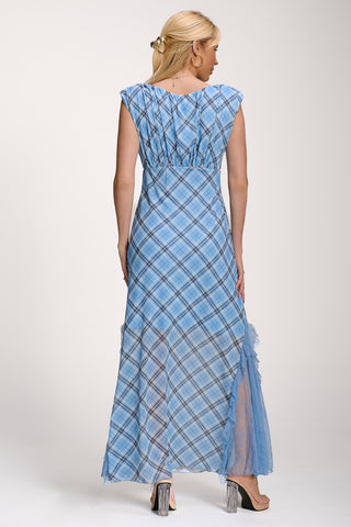 Lace Insert Mesh Maxi Dress, Blue Check