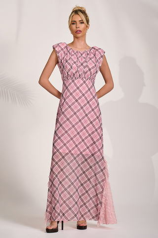 Lace Insert Mesh Maxi Dress, Pink Check