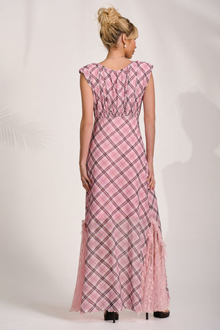 Lace Insert Mesh Maxi Dress, Pink Check