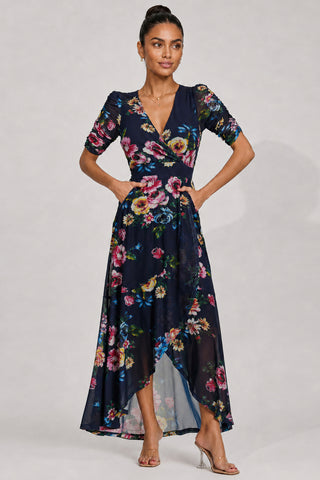 Ruched Sleeve Mesh Maxi Dress, Navy Floral