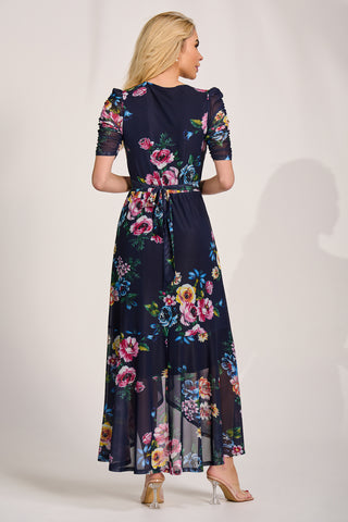 Ruched Sleeve Mesh Maxi Dress, Navy Floral