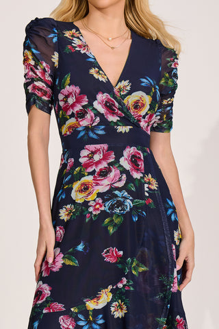 Ruched Sleeve Mesh Maxi Dress, Navy Floral