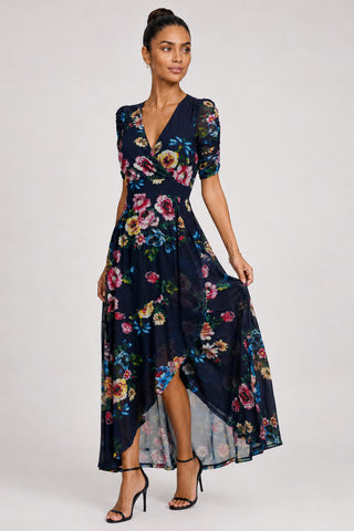Ruched Sleeve Mesh Maxi Dress, Navy Floral