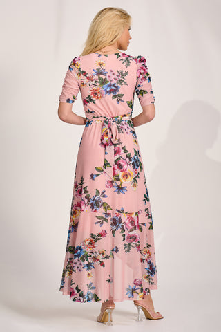 Ruched Sleeve Mesh Maxi Dress, Pink Floral
