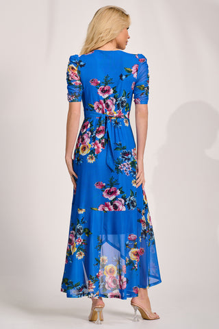 Ruched Sleeve Mesh Maxi Dress, Royal Blue Floral