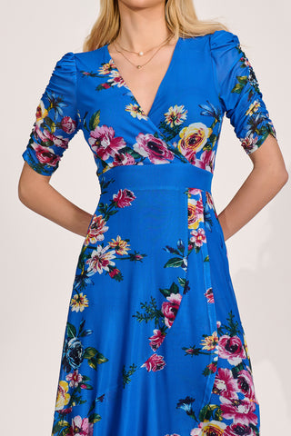 Ruched Sleeve Mesh Maxi Dress, Royal Blue Floral
