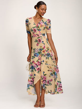 Ruched Sleeve Mesh Maxi Dress, Yellow Floral