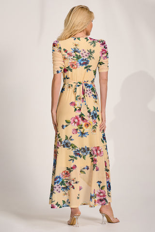 Ruched Sleeve Mesh Maxi Dress, Yellow Floral