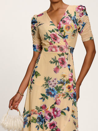 Ruched Sleeve Mesh Maxi Dress, Yellow Floral