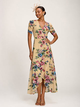 Ruched Sleeve Mesh Maxi Dress, Yellow Floral