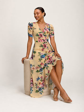 Ruched Sleeve Mesh Maxi Dress, Yellow Floral