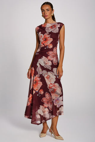 Asymmetric Draped Mesh Maxi Dress, Burgundy Floral