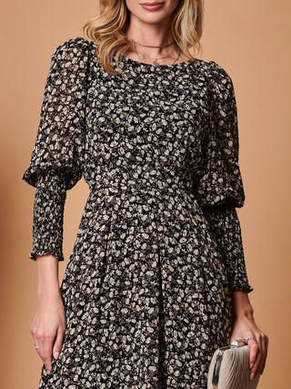 Chiffon Maxi Dress with Shirred Cuffs, Black Ditsy