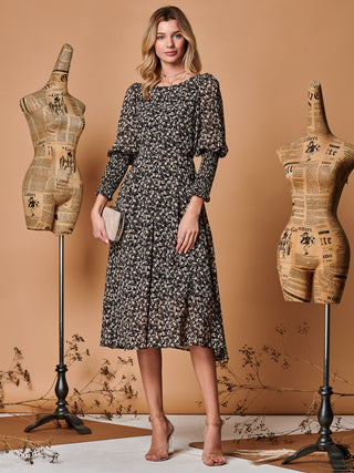 Chiffon Maxi Dress with Shirred Cuffs, Black Ditsy