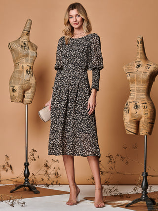 Chiffon Maxi Dress with Shirred Cuffs, Black Ditsy