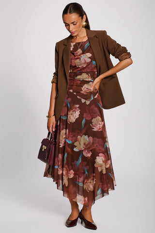 Asymmetrical Draped Mesh Maxi Dress, Brown Floral