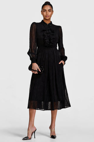 Textured Chiffon Long Sleeve Shirt Dress, Black