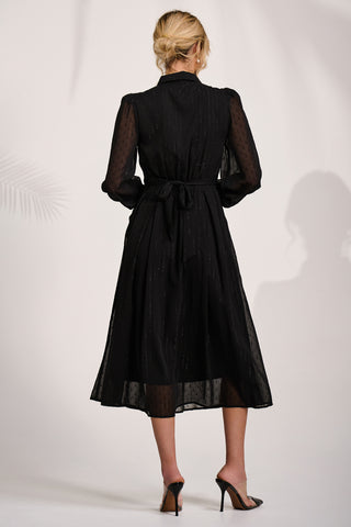 Textured Chiffon Long Sleeve Shirt Dress, Black