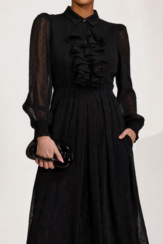 Textured Chiffon Long Sleeve Shirt Dress, Black