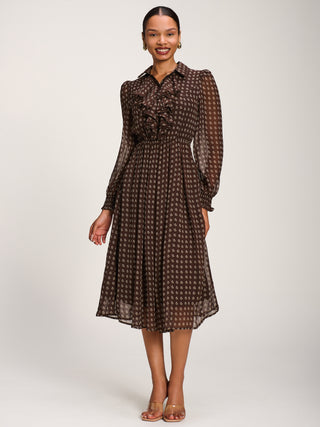 Chiffon Print Ruffled Shirt Dress, Brown Paisley