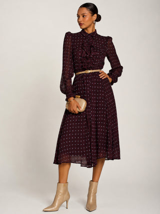 Chiffon Print Ruffled Shirt Dress, Burgundy Spot