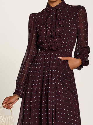Chiffon Print Ruffled Shirt Dress, Burgundy Spot