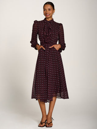 Chiffon Print Ruffled Shirt Dress, Burgundy Spot