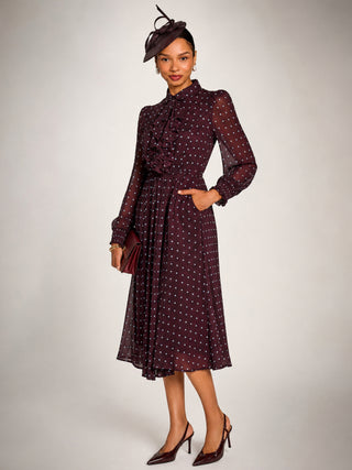 Chiffon Print Ruffled Shirt Dress, Burgundy Spot