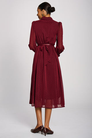 Textured Chiffon Long Sleeve Shirt Dress, Burgundy