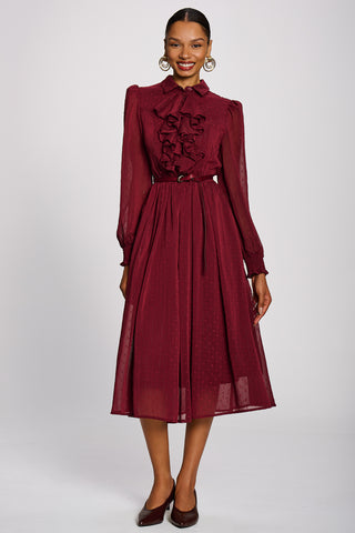 Textured Chiffon Long Sleeve Shirt Dress, Burgundy