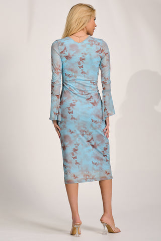Long Sleeve Mesh Bodycon Dress, Blue Abstract