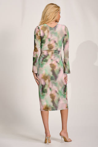 Long Sleeve Mesh Bodycon Dress, Green Abstract
